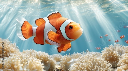 Clownfish swimming in a vibrant coral reef ecosystem, underwater scene. photo