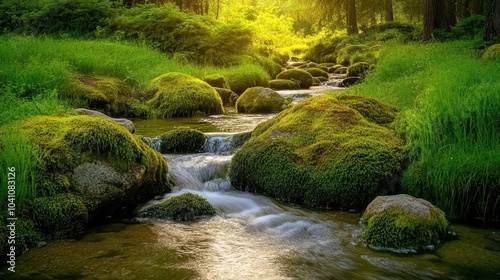 Tranquil Stream Surrounded by Moss Covered Rocks