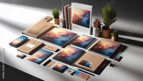 Company branding materials like brochures, cards, and flyers.