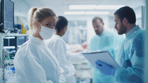 Medical staff in medical gowns working together in a busy hospital ward, attending to patients.