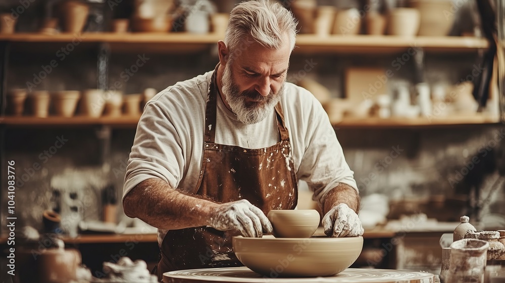 image of male craftsman working on potters wheel at pottery studio image of male craftsman working on potters wheel at pottery studio
