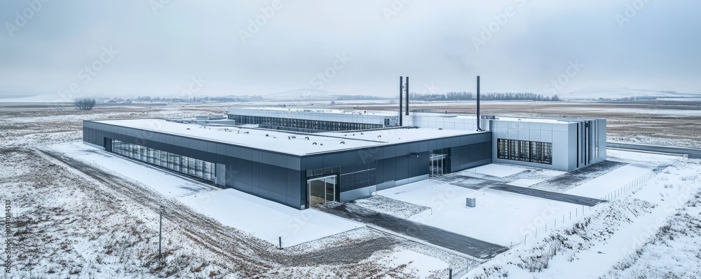 Modern data center architecture with snow landscape
