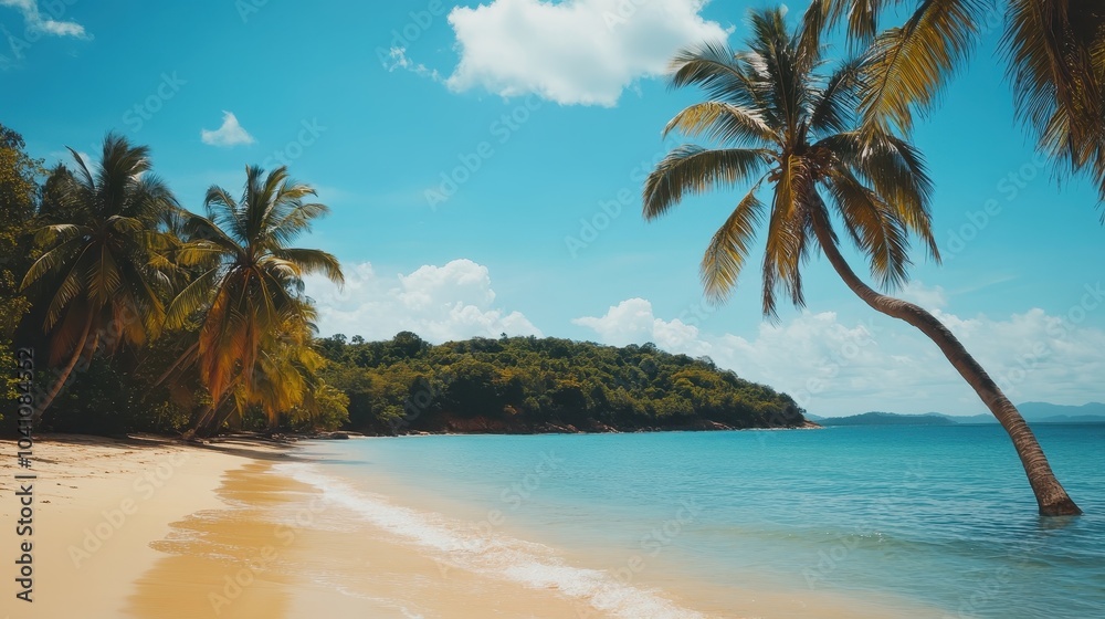 Obraz premium Serene Tropical Beach with Palm Trees and Turquoise Waters
