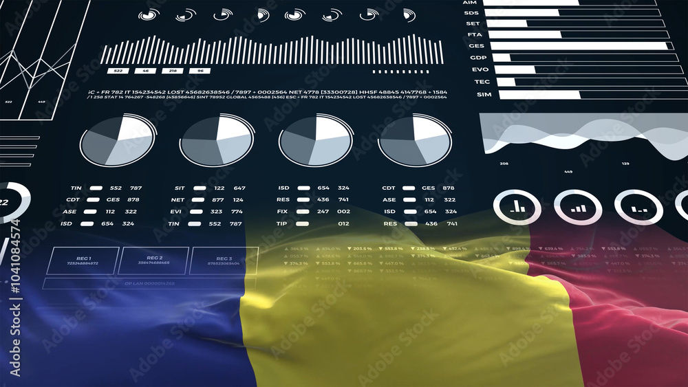 Romania flag - Waving flag on report analytics data statement Romania flag - Waving flag on report analytics data statement