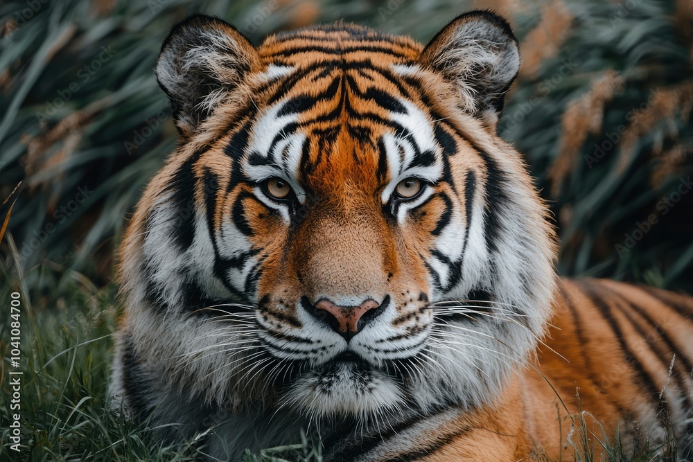 Close-up Portrait of a Majestic Tiger in Lush Grass Close-up Portrait of a Majestic Tiger in Lush Grass