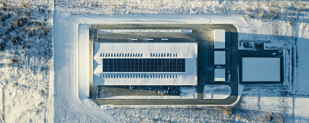 Top-down view of modern data center in snow