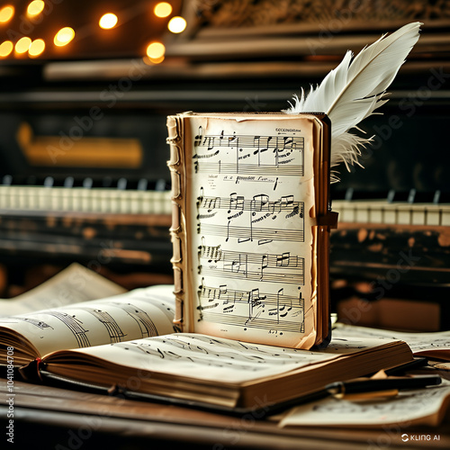 A beautifully illustrated music sheet notebook with elegant, flowing musical notes and treble clefs scattered across an open page