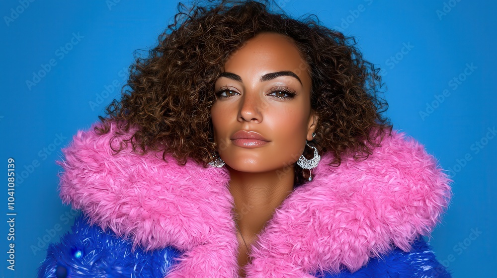 Glamorous Woman in Pink Fur Coat Blue Background Portrait Glamorous Woman in Pink Fur Coat Blue Background Portrait