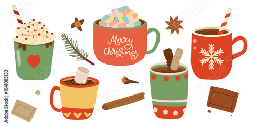 Christmas chocolate and eggnog drinks, winter holiday hot cups, vector icons. Christmas eggnog or milk punch beverages in cups and mugs, hot chocolate drinks for New Year and Xmas greeting card