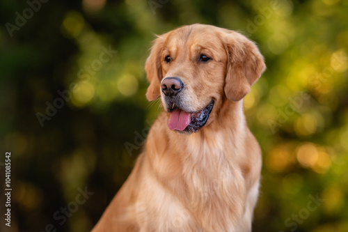 close up portrait beautiful dog golden retriever labrador in autumn in nature at sunset