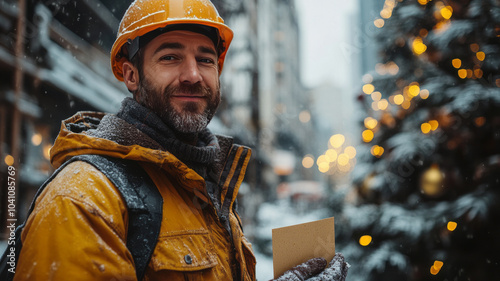 construction worker on a building site. He is wearing a hard hat and holding a Christmas card in his hand photo