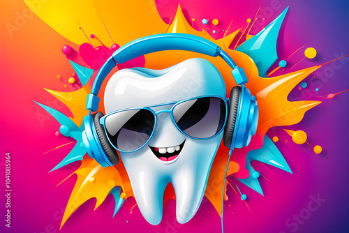 Illustration of tooth with headphones and sunglasses  on the abstract background.