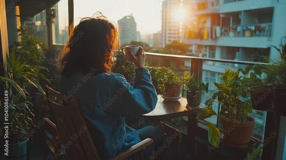 Woman enjoying her morning coffee on a balcony overlooking a city, surrounded by plants, with the sun shining brightly in the background.