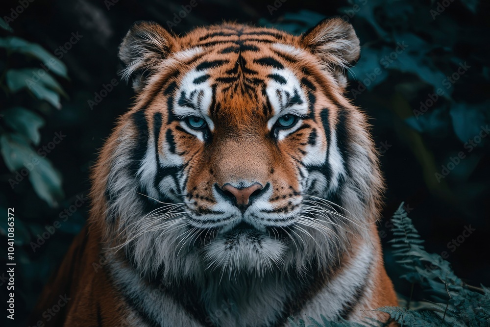 Close-up Portrait of a Tiger with Blue Eyes in a Dark Forest Setting