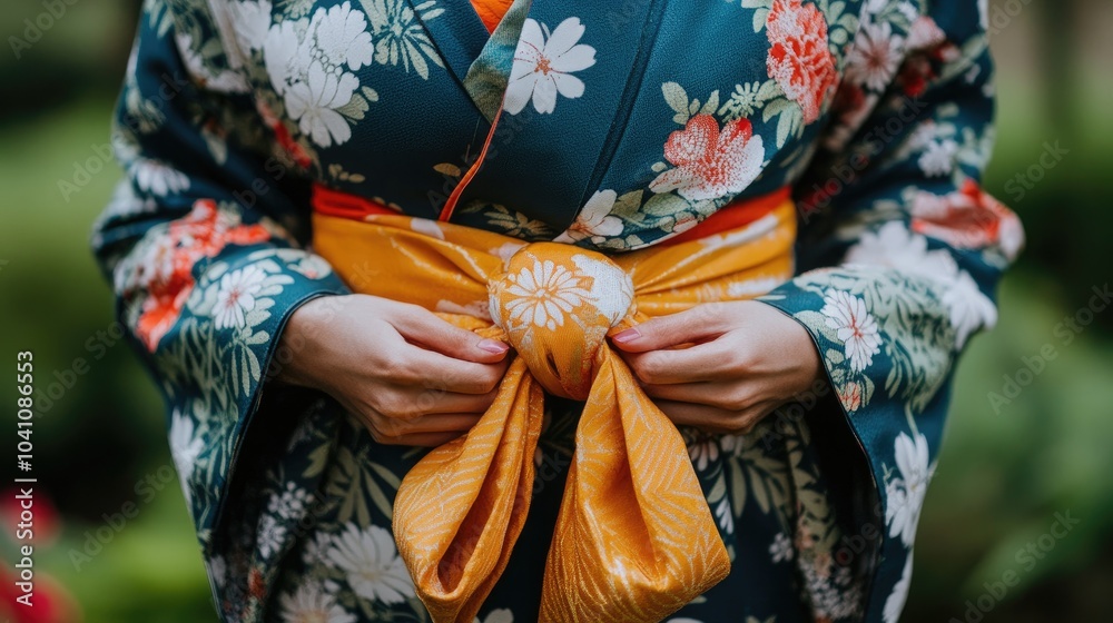 Naklejka premium Elegant Japanese Kimono with Floral Design and Belt