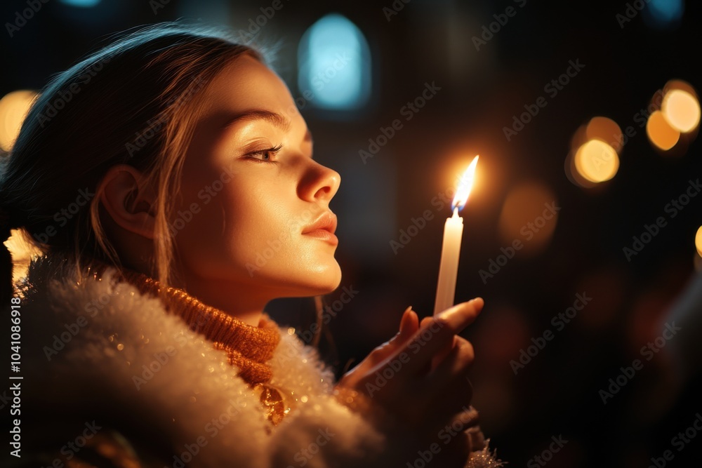 Obraz premium Young woman holding a candle during a vigil at night
