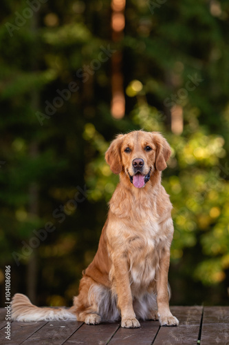 beautiful dog golden retriever labrador in autumn in nature at sunset