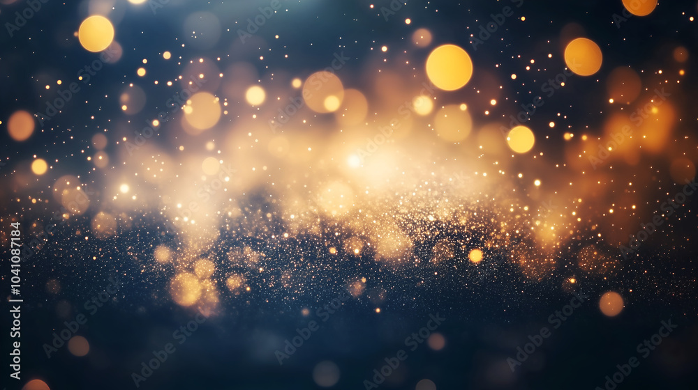Dark background, starry sky with golden lights, blurred particles of dust floating in the air