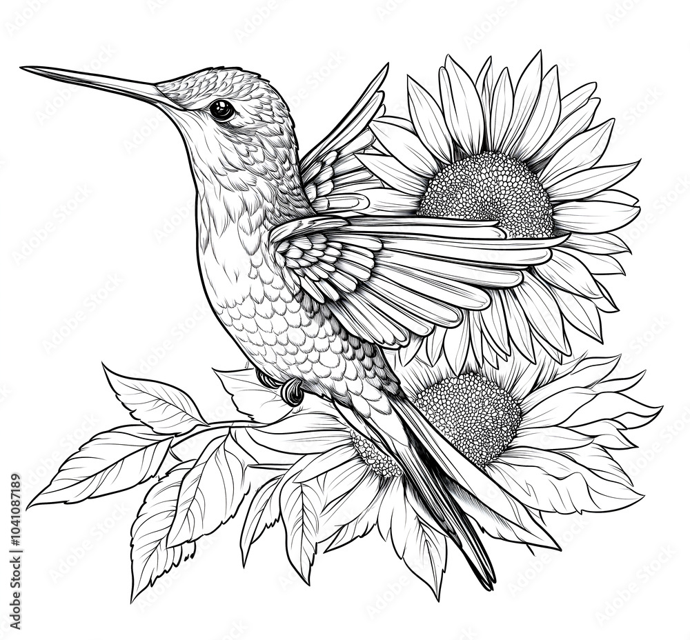 Obraz premium Line art hummingbird with sunflower tattoo design, white background