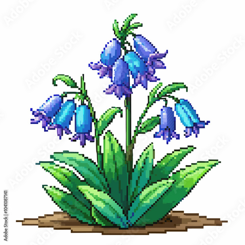 Pixel Art Bluebell Flowers Retro Botanical Vector Illustration