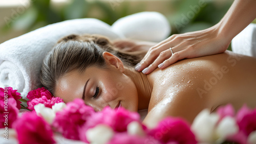 A woman is lying on her back in the spa and getting massaged by an professional female massage therapist,