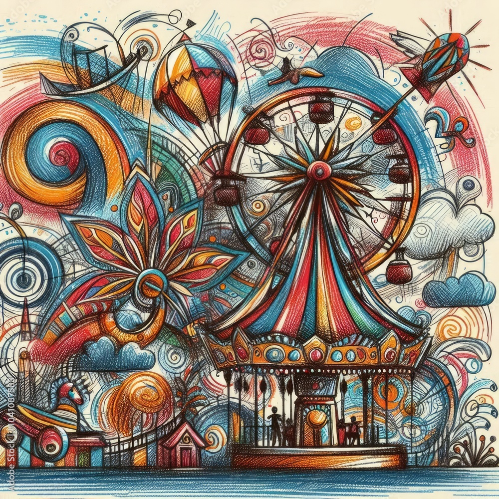 Whimsical Carnival Scene with Ferris Wheel, Carousel, and Hot Air Balloon with Generative AI. Whimsical Carnival Scene with Ferris Wheel, Carousel, and Hot Air Balloon with Generative AI.
