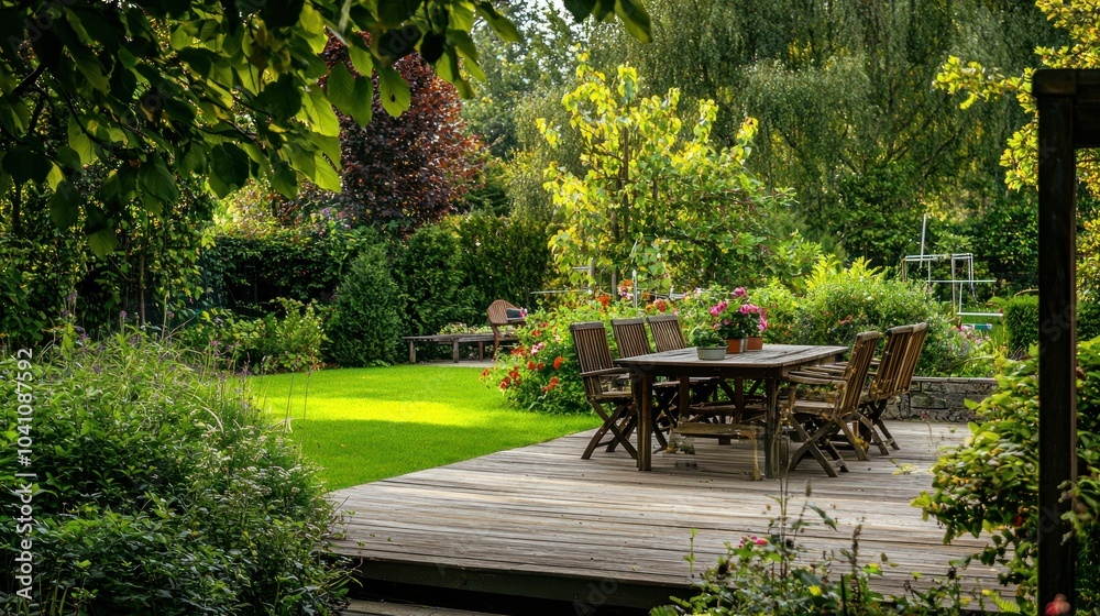 Naklejka premium A wooden patio set in a beautiful garden, perfect for enjoying an outdoor meal in a serene natural setting.