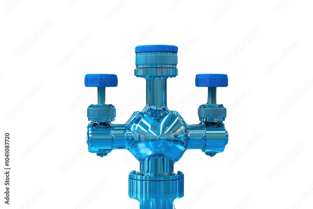 A transparent blue valve with multiple connections, isolated on a white background. A transparent blue valve with multiple connections, isolated on a white background.