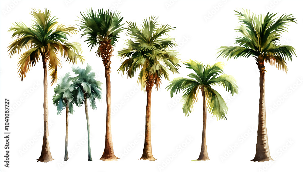 Watercolor palm trees clip art set on a white background, in neutral colors