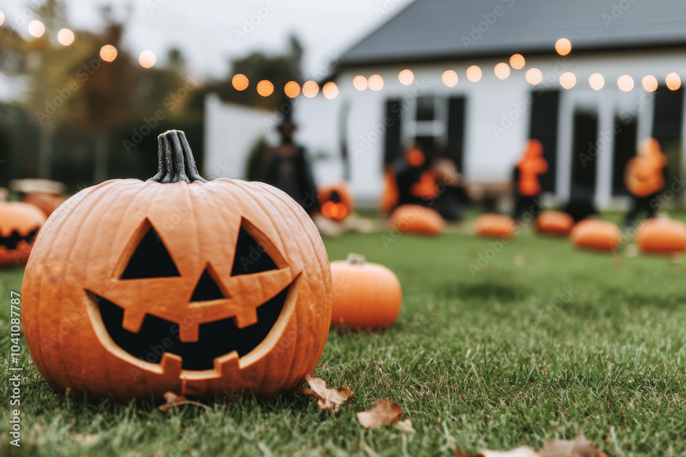 A Halloween festive decorations, jack-o'-lanterns, and a lively crowd. A Halloween festive decorations, jack-o'-lanterns, and a lively crowd.