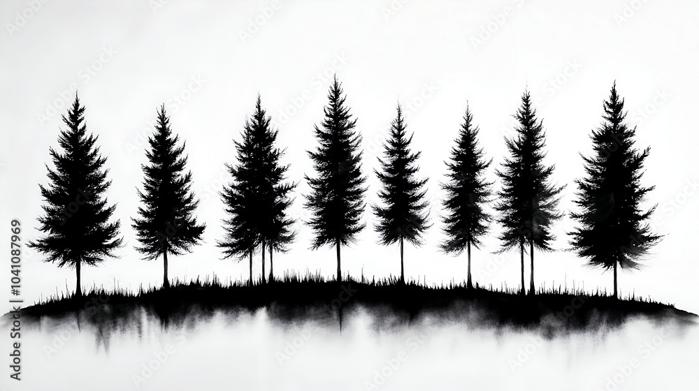 Obraz premium Black and white ink drawing of tall pine trees on the horizon, white background