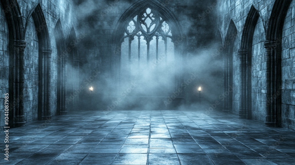 Mysterious Gothic Cathedral Hallway with Fog and Light Mysterious Gothic Cathedral Hallway with Fog and Light