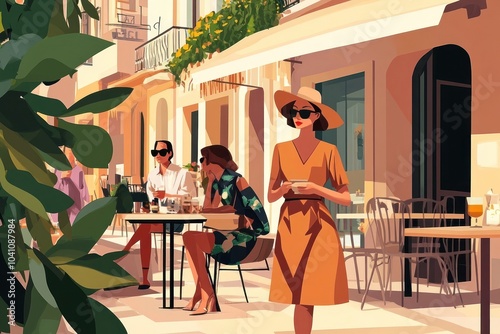 Woman in a yellow dress walks past a cafe with people sitting outside.