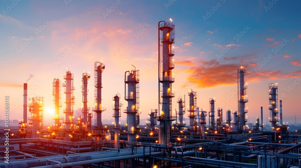Obraz premium Intricate oil refinery with towering distillation columns smokestacks and pipelines set against the backdrop of an urban industrial landscape