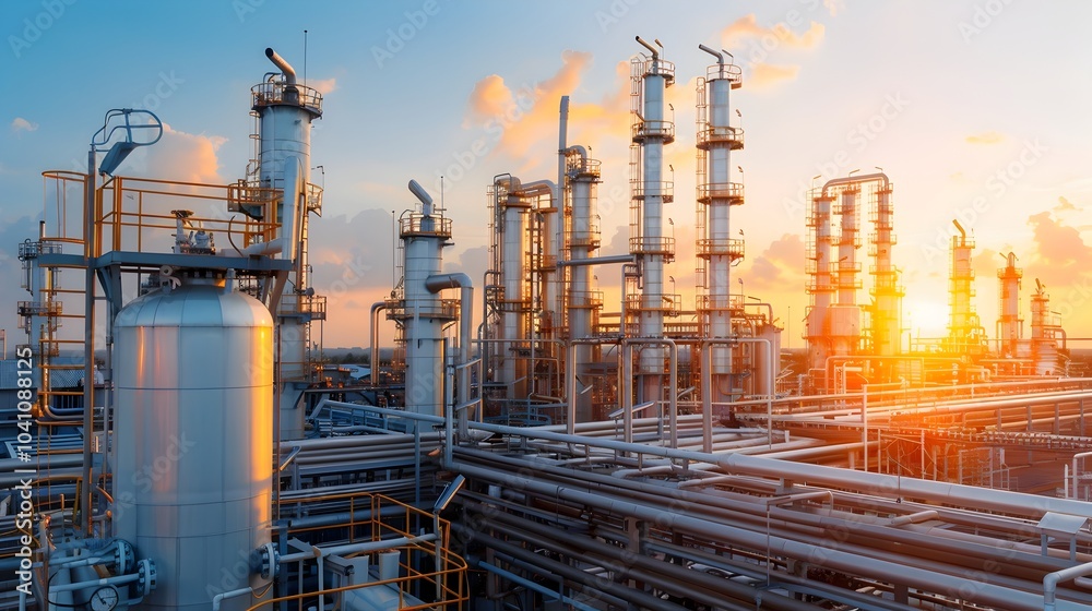 Detailed view of an industrial oil refining complex with tall distillation towers smoking chimneys and various industrial equipment and infrastructure Detailed view of an industrial oil refining complex with tall distillation towers smoking chimneys and various industrial equipment and infrastructure