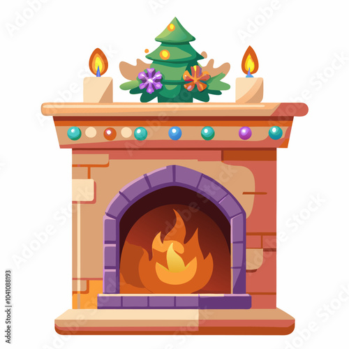 Cozy Festive Fireplace Illustration with Christmas Decor and Candles