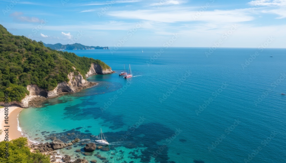 Aerial View of Sailboats Anchored in a Clear Blue Ocean Bay Aerial View of Sailboats Anchored in a Clear Blue Ocean Bay