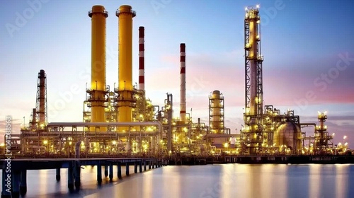 Industrial Landscape at Dusk with Refineries and Towers