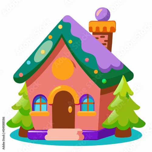 Colorful Cartoon House with Forest Vibe Vibrant Illustration of Fairy Tale Abode