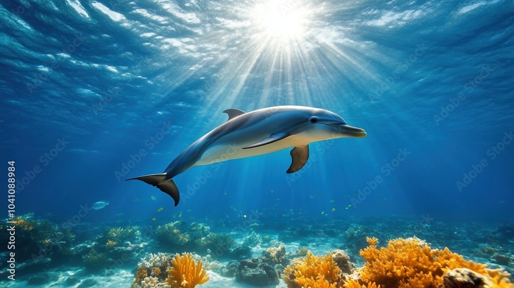 Obraz premium Dolphin swimming in clear blue water with colorful coral reef.