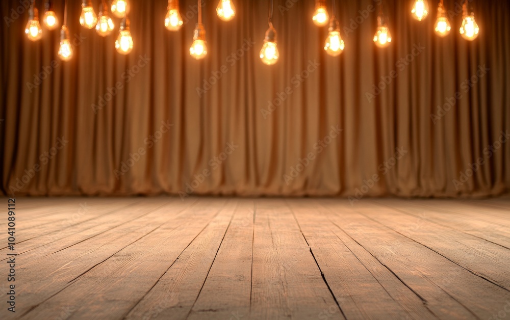 Empty scenes with lights and bulbs on wooden floor and walls. Empty space room made of wood. Empty stage background Empty scenes with lights and bulbs on wooden floor and walls. Empty space room made of wood. Empty stage background