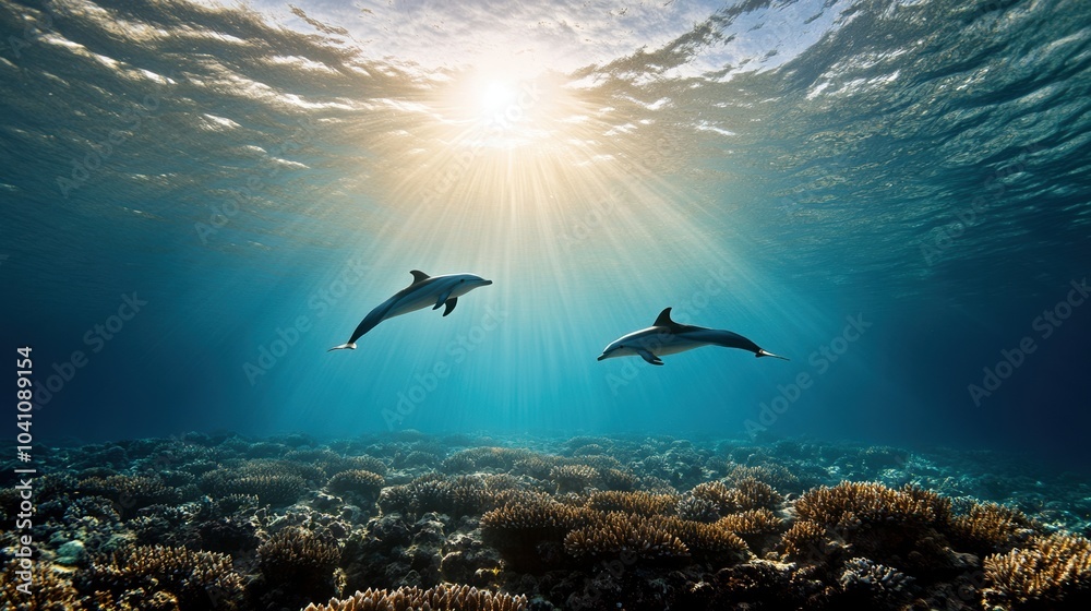 Fototapeta premium Dolphins swimming gracefully in clear ocean water, sunlight illuminating the scene.