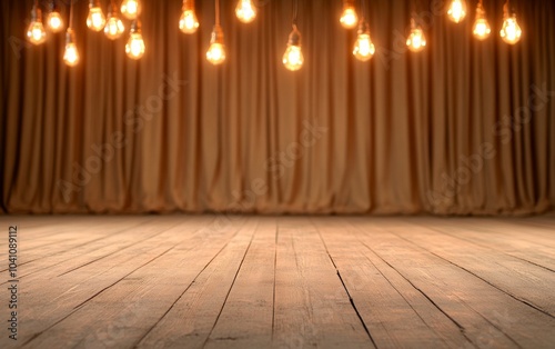 Wallpaper Mural Empty scenes with lights and bulbs on wooden floor and walls. Empty space room made of wood. Empty stage background Torontodigital.ca