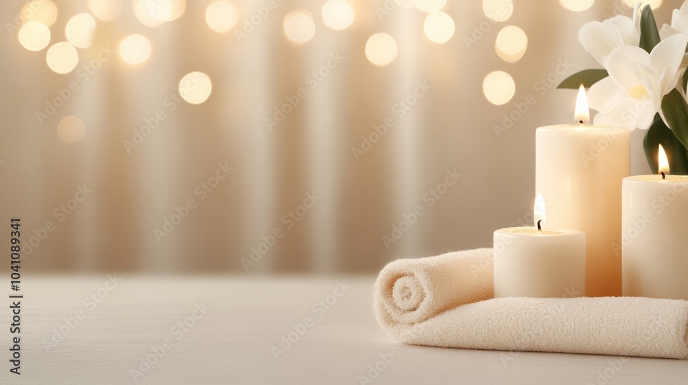 Elegant candles and towels on a table with soft bokeh background. Elegant candles and towels on a table with soft bokeh background.
