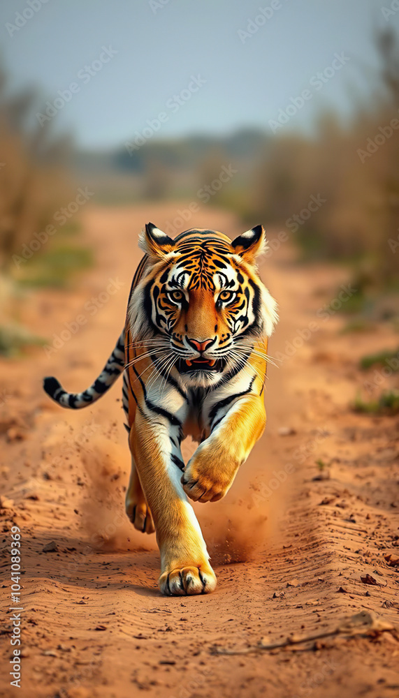 Fototapeta premium A tiger is walking on a dirt road