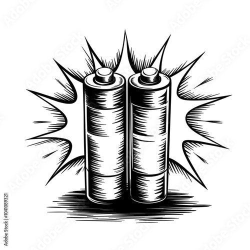 Double battery illustration, black and white, energy storage and electronics concept