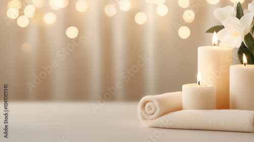 Elegant candles and towels on a table with soft bokeh background.