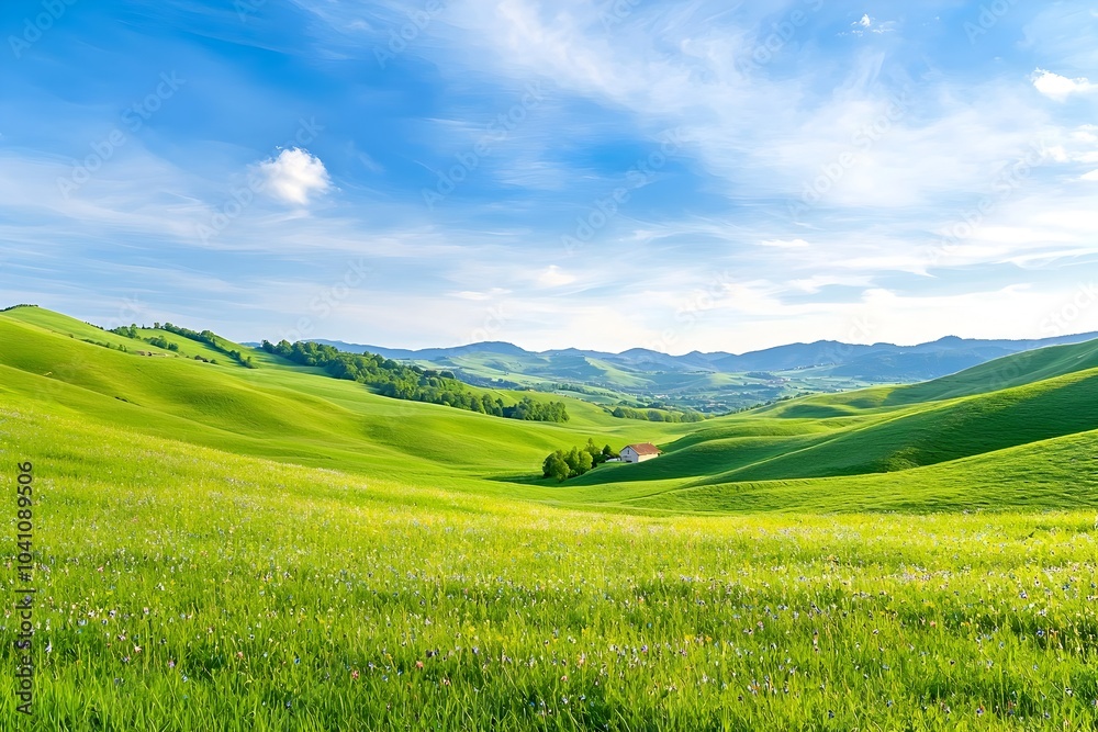 Obraz premium Pastoral Countryside Landscape with Rolling Hills Vibrant Wildflowers and Serene Farmhouse