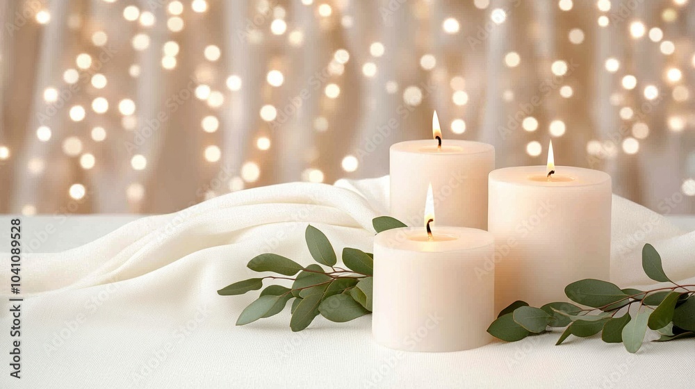 Elegant candles with greenery on a light surface, blurred fairy lights in background Elegant candles with greenery on a light surface, blurred fairy lights in background