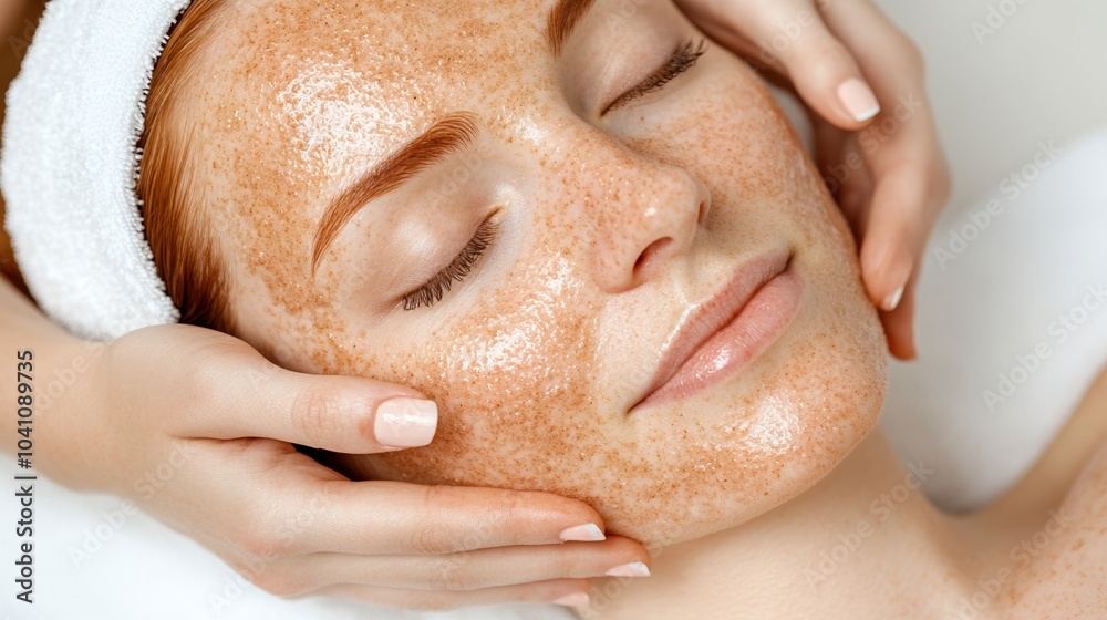 Facial treatment with exfoliating mask on woman's face, serene spa environment. Facial treatment with exfoliating mask on woman's face, serene spa environment.